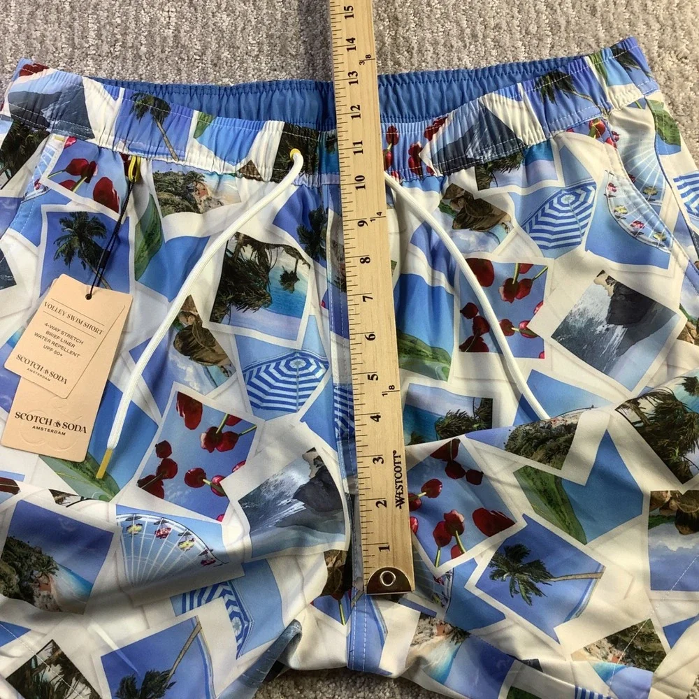 Scotch & Soda Mens Volley Swim Shorts Polaroid Print White Blue Size M NWT